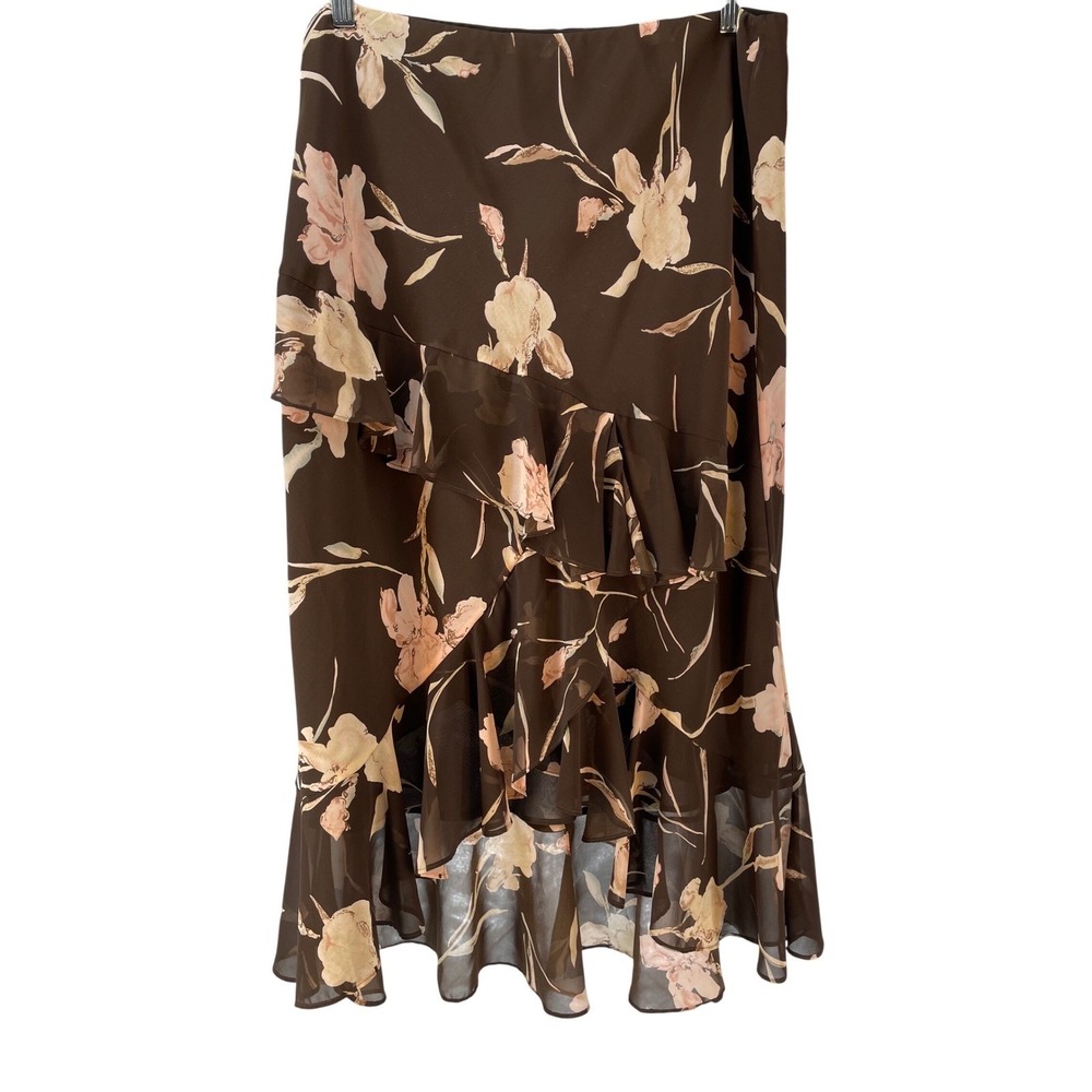Chaps Brown Floral Ruffle Midi Skirt Asymmetrical High Low Lined Size L